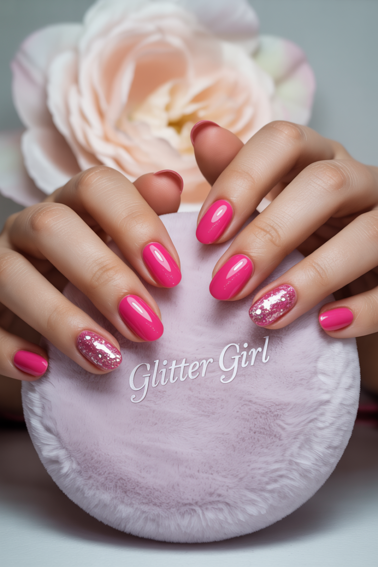 Hot Pink Nails with Glitter Accents