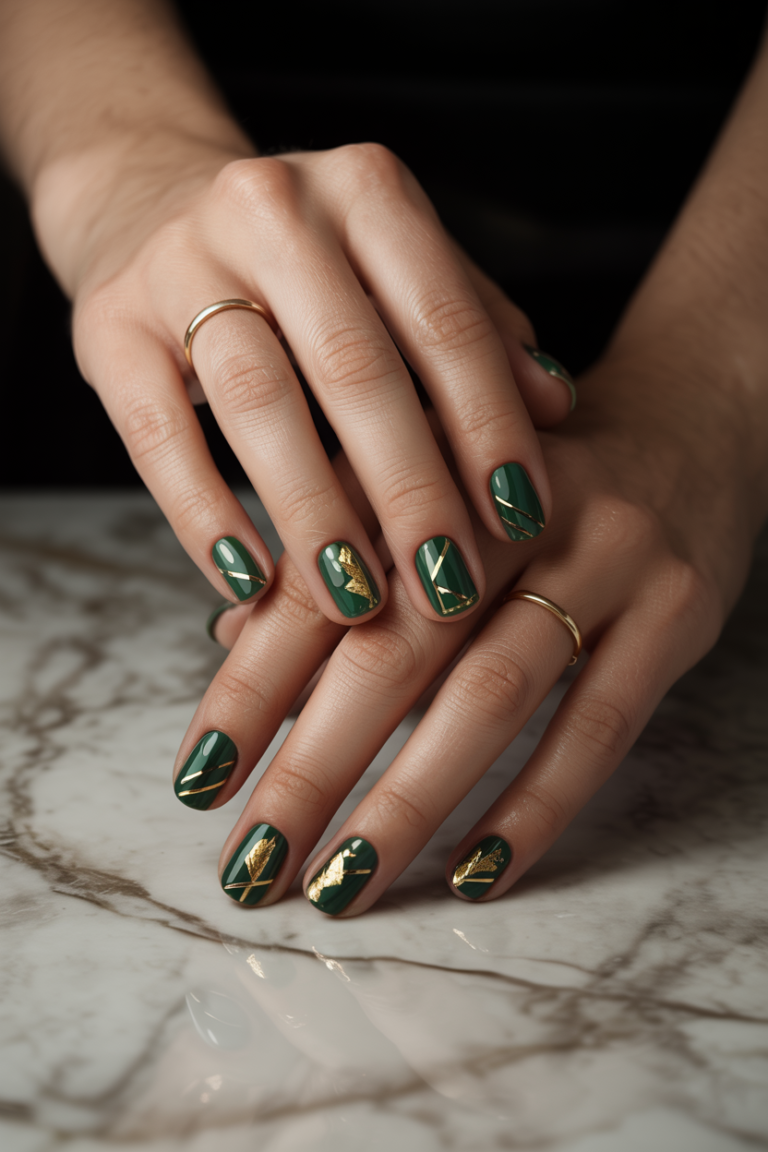 Forest Green Nails with Gold Accents