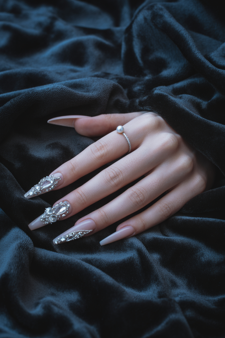 Long Coffin Nails with Rhinestones